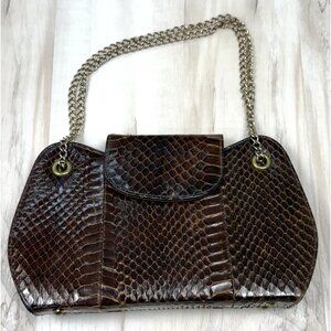 VTG MCM 5.5"x9"x2" Brown Genuine SNAKESKIN Clutch Purse HANDBAG Chain Strap EUC